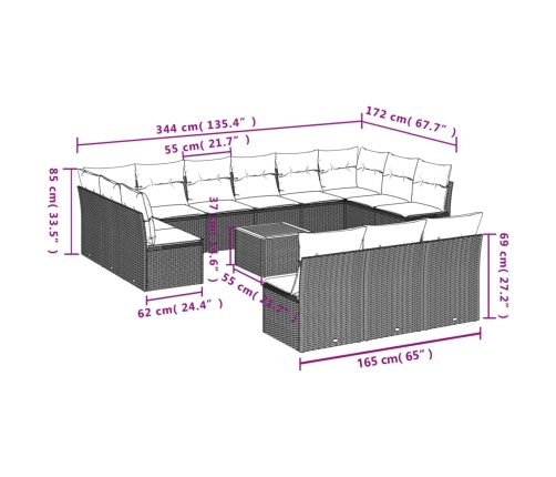 Set sofás de jardín 14 pzas con cojines ratán sintético negro