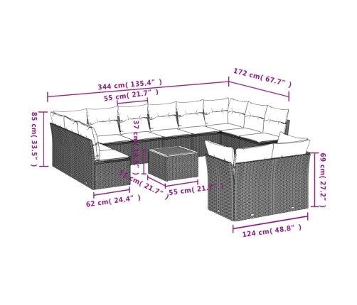 Set de sofás de jardín y cojines 13 pzas ratán sintético negro