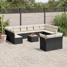Set de sofás de jardín y cojines 13 pzas ratán sintético negro