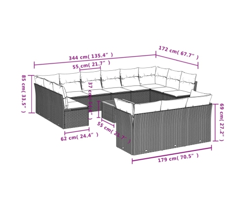 Set sofás de jardín 14 pzas con cojines ratán sintético negro