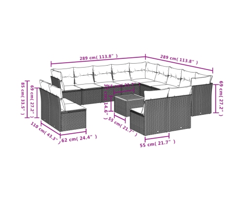 Set de sofás de jardín y cojines 14 pzas ratán sintético negro