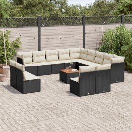 Set de sofás de jardín y cojines 14 pzas ratán sintético negro