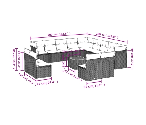 Set sofás jardín 14 pzas y cojines ratán sintético beige mezcla