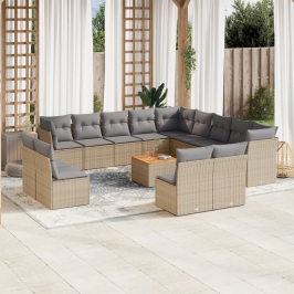 Set sofás jardín 14 pzas y cojines ratán sintético beige mezcla