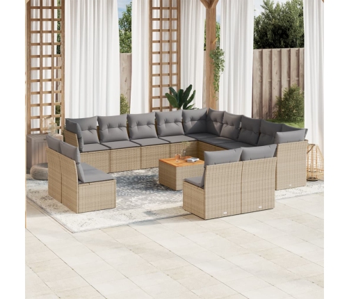 Set sofás jardín 14 pzas y cojines ratán sintético beige mezcla