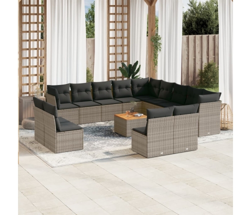 Set de sofás de jardín 14 pzas con cojines ratán sintético gris