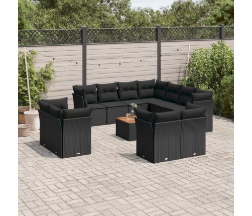 Set de sofás de jardín 12 piezas cojines ratán sintético negro