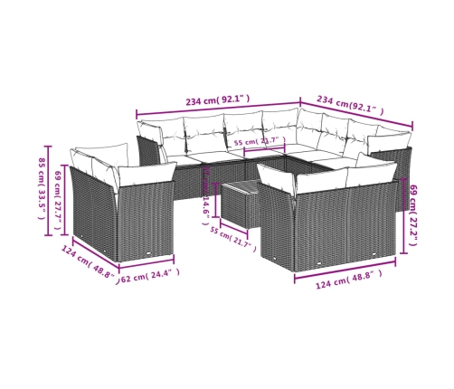Set de sofás de jardín y cojines 12 pzas ratán sintético negro