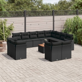 Set de sofás de jardín y cojines 13 pzas ratán sintético negro