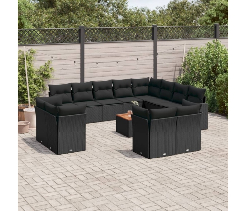 Set de sofás de jardín y cojines 13 pzas ratán sintético negro