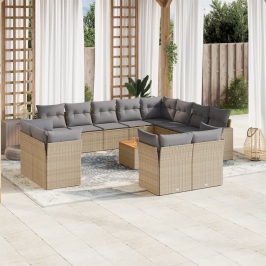 Juego de sofás jardín con cojines beige mezcla 13 pzas ratán PE