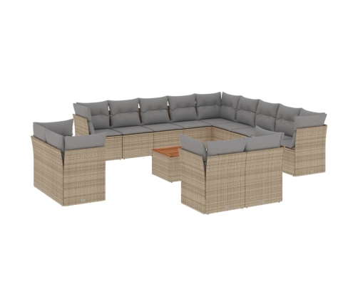 Set sofás jardín 14 pzas y cojines ratán sintético beige mezcla