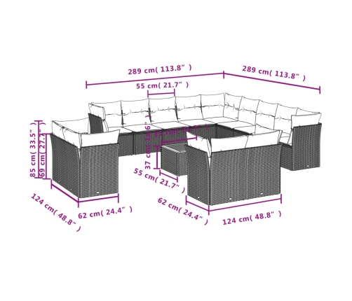 Set sofás jardín 14 pzas y cojines ratán sintético beige mezcla