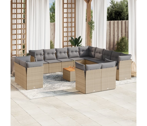 Set sofás jardín 14 pzas y cojines ratán sintético beige mezcla