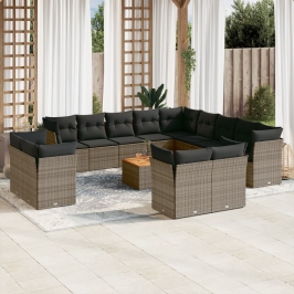Set de sofás de jardín 14 pzas con cojines ratán sintético gris