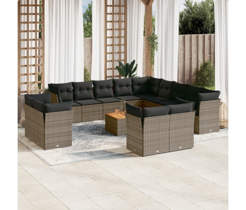 Set de sofás de jardín 14 pzas con cojines ratán sintético gris
