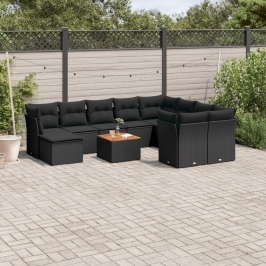 Set de sofás de jardín 11 pzas y cojines ratán sintético negro