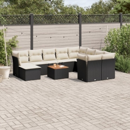 Set de sofás de jardín 11 pzas y cojines ratán sintético negro