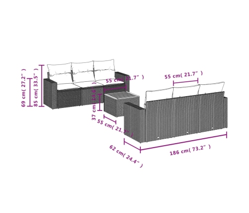 Set de comedor de jardín 7 pzas y cojines ratán sintético negro