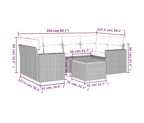 Set de comedor de jardín 7 pzas y cojines ratán sintético negro