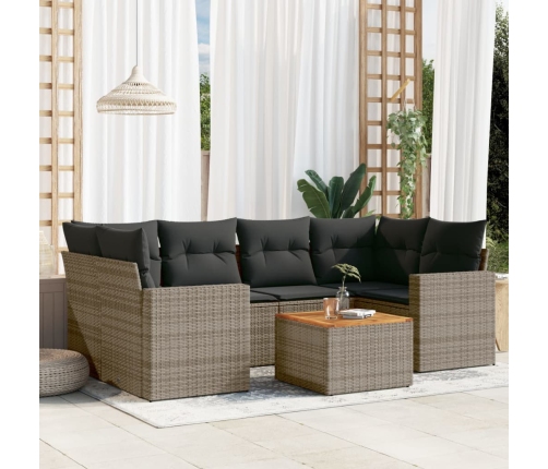 Set de sofás de jardín 7 piezas con cojines ratán PE gris
