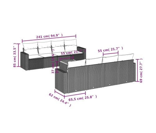 Set de muebles de jardín 9 pzas y cojines ratán sintético gris
