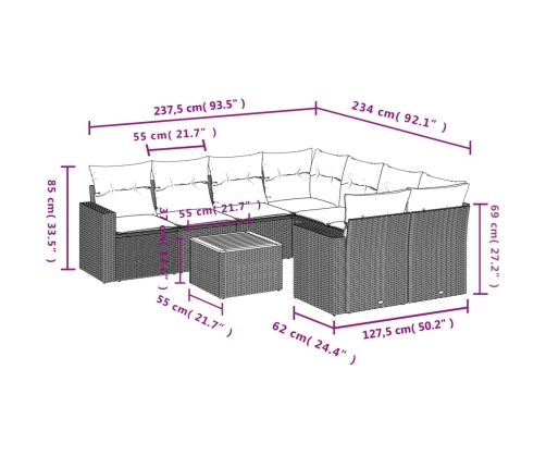 Set de sofás de jardín 8 piezas y cojines ratán sintético negro