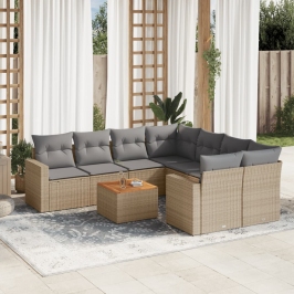 Juego de sofás jardín con cojines beige mezcla 9 pzas ratán PE