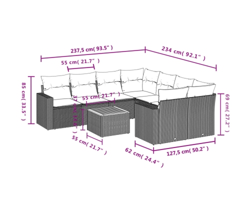 Set de muebles de jardín 9 pzas y cojines ratán sintético gris