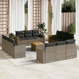 Set sofás de jardín con cojines 13 piezas ratán sintético gris