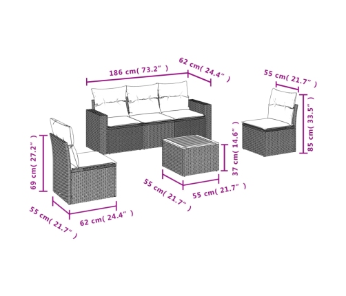Set de muebles de jardín 6 pzas y cojines ratán sintético gris