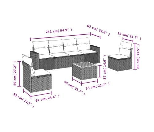 Set de comedor de jardín 7 pzas y cojines ratán sintético negro