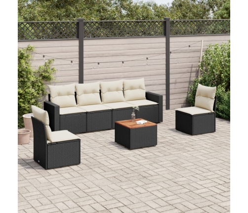 Set de comedor de jardín 7 pzas y cojines ratán sintético negro