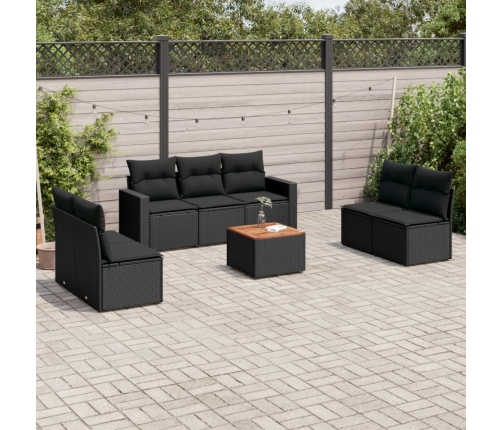Set de sofás de jardín 8 piezas y cojines ratán sintético negro