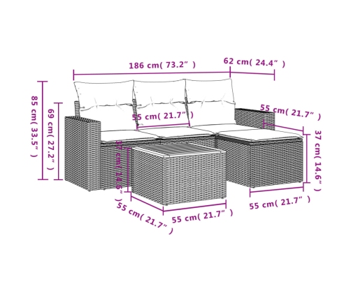 Set de muebles de jardín 5 pzas y cojines ratán sintético negro