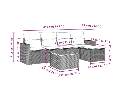 Set de muebles de jardín 6 pzas y cojines ratán sintético gris