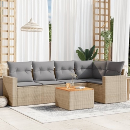 Juego de sofás jardín con cojines beige mezcla 6 pzas ratán PE