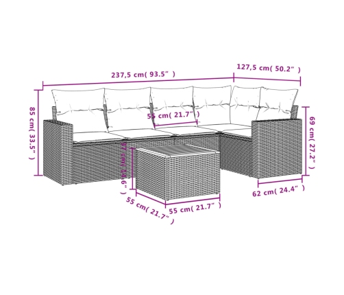 Set de muebles de jardín 6 pzas y cojines ratán sintético gris