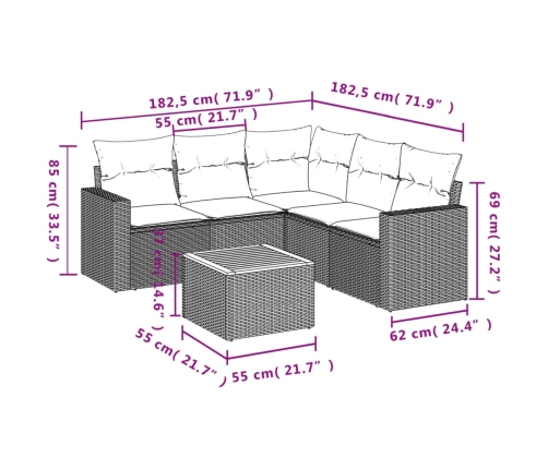 Set de muebles de jardín 6 pzas y cojines ratán sintético gris