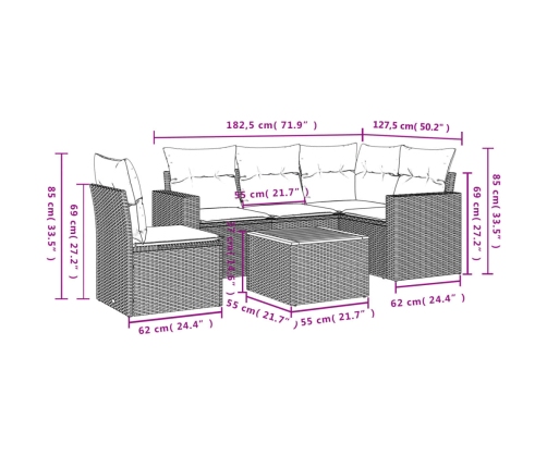 Set de muebles de jardín 6 pzas y cojines ratán sintético gris