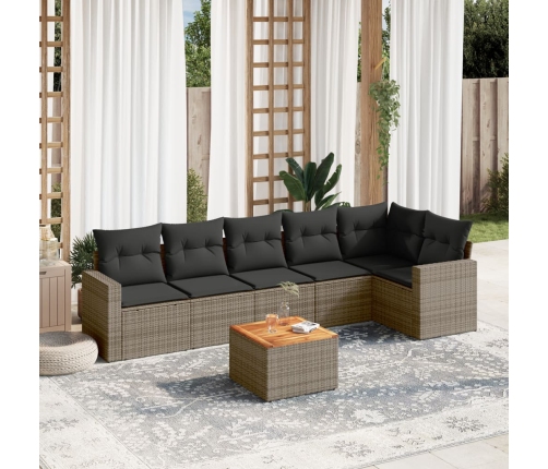 Set de sofás de jardín 7 piezas con cojines ratán PE gris
