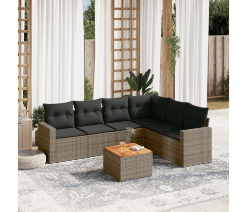 Set de sofás de jardín 7 piezas con cojines ratán PE gris