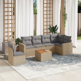 Juego de sofás jardín con cojines beige mezcla 7 pzas ratán PE