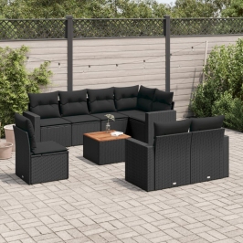 Set de sofás de jardín 8 piezas y cojines ratán sintético negro