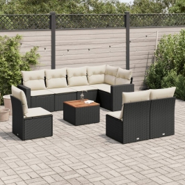 Set de sofás de jardín 8 piezas y cojines ratán sintético negro