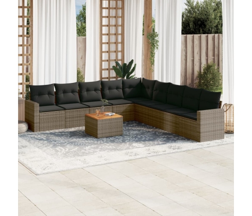Set de sofás de jardín 10 pzas con cojines ratán sintético gris