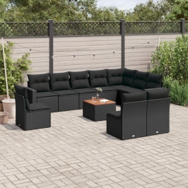 Set de sofás de jardín 11 pzas y cojines ratán sintético negro