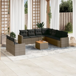 Set de sofás de jardín 10 pzas con cojines ratán sintético gris