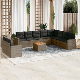 Set de sofás de jardín 11 pzas y cojines ratán sintético gris