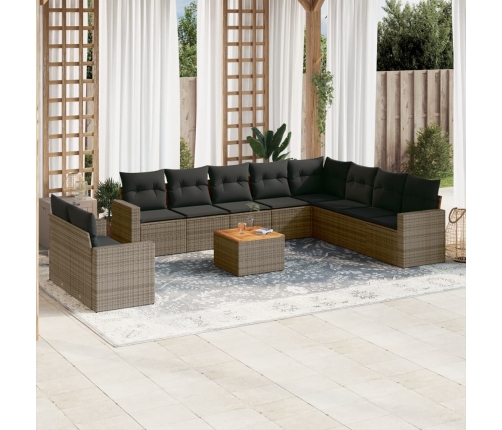 Set de sofás de jardín 11 pzas y cojines ratán sintético gris